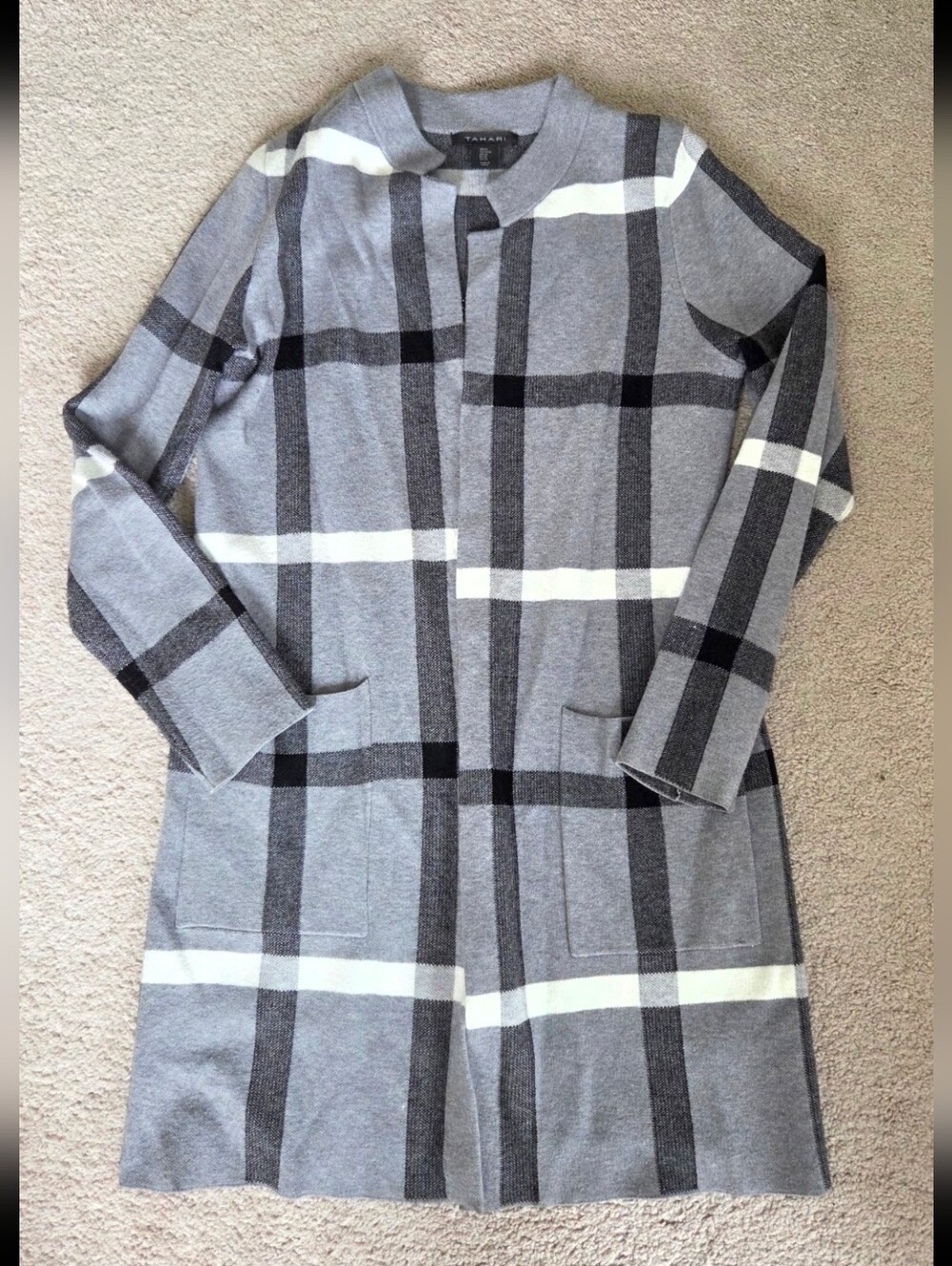 Gray Plaid Open-Front Long Line Cardigan Coat
